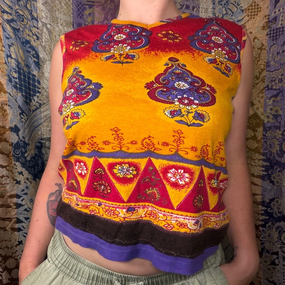 VTG 90s/ Y2K Beaded Celestial Indie Granola Sleeveless Top Oversized M